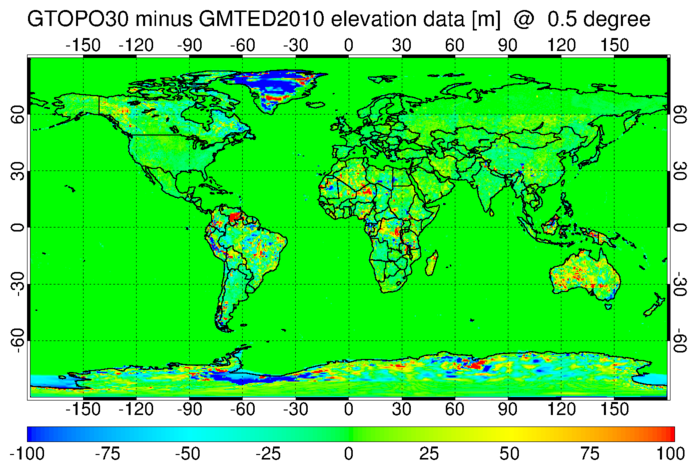 [difference between GTOPO30 and GMTED2010 elevation at 0.5 degree]